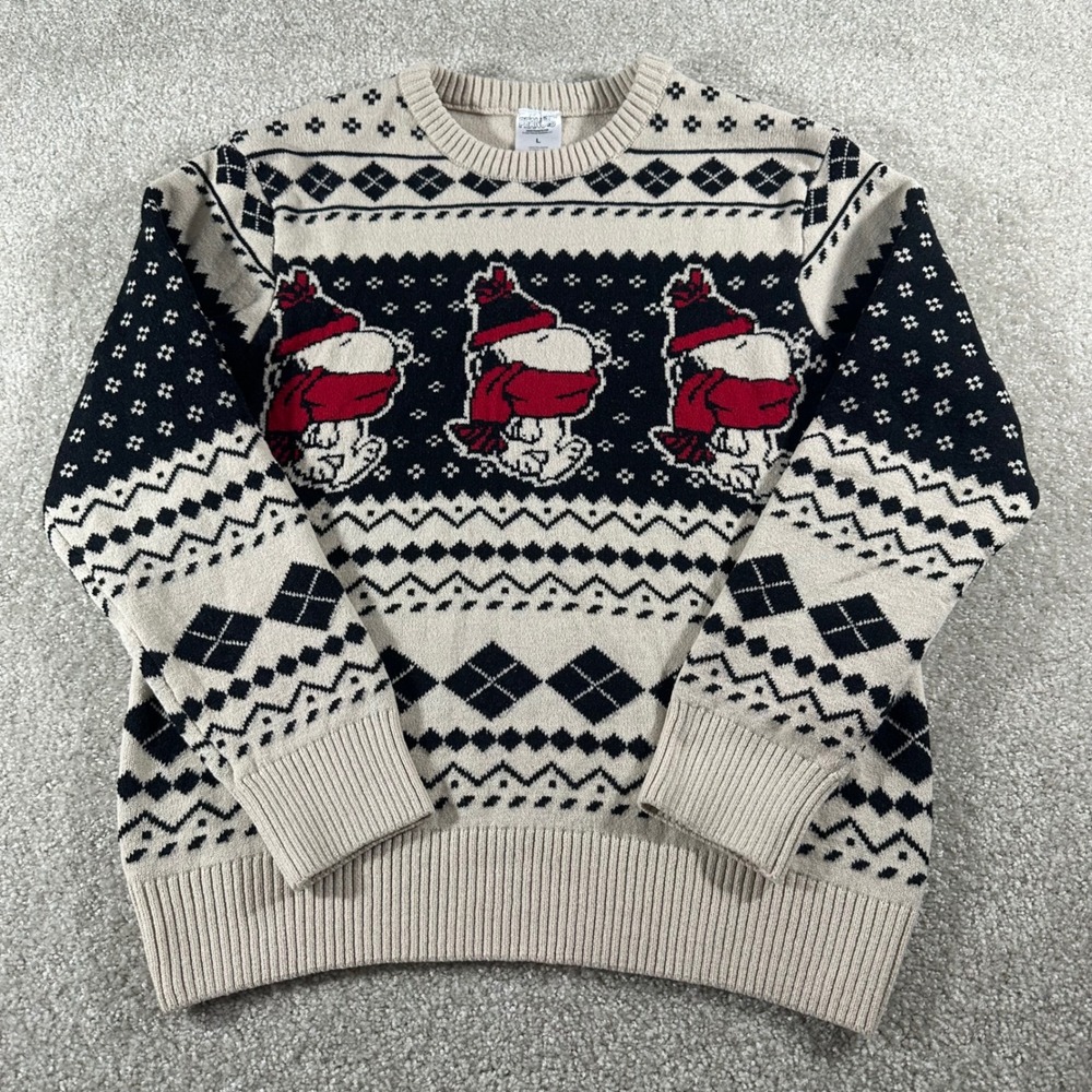 Peanuts Snoopy Christmas Sweater Mens Large Fair Isle Argyle Knit Cream Black
